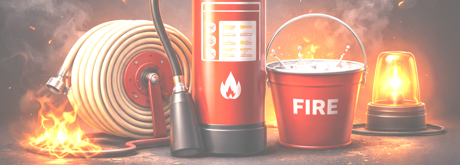 Fire hose, fire extinguisher and fire bucket